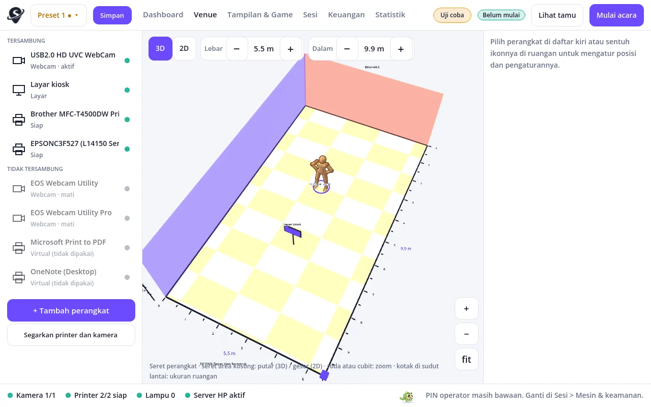 Konsol operator: tab Venue dengan peta ruangan 3D